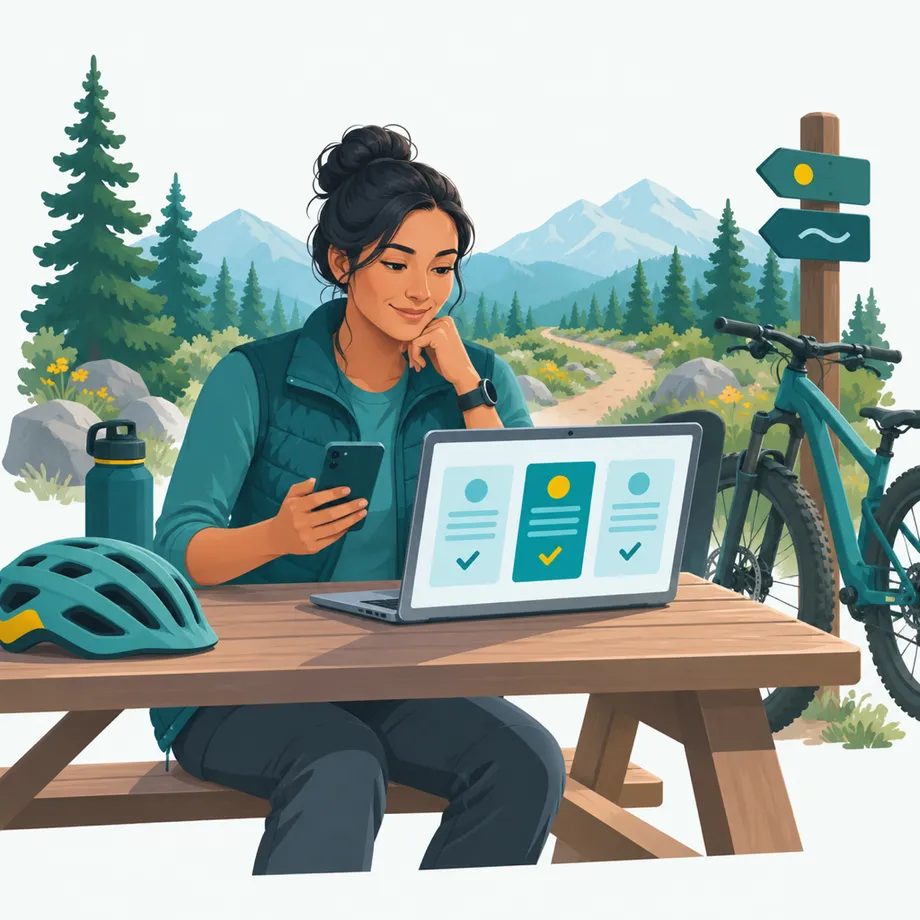 Trail club volunteer comparing membership software options on a laptop at a trailhead