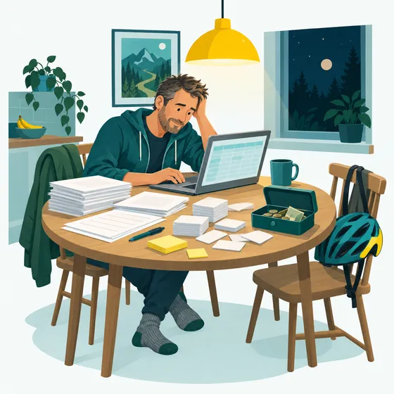 Volunteer at a kitchen table surrounded by spreadsheets, paper forms and plastic membership cards