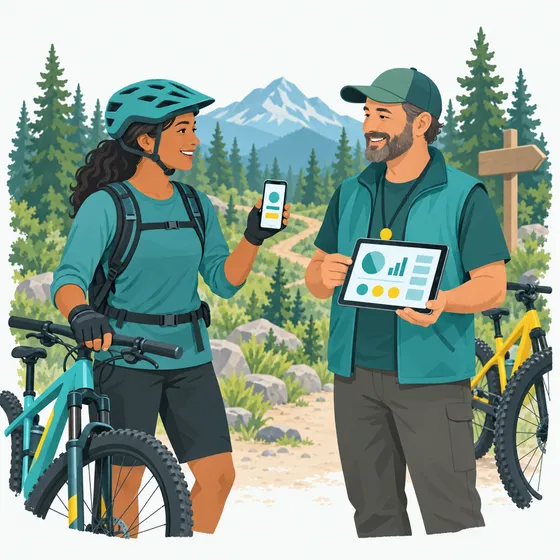 Rider showing a digital membership card on a phone to a club admin at a trailhead